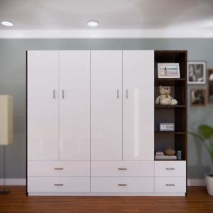 Tủ HĐ-QA205 - 4 cánh mở, 2 hàng ngăn kéo dưới,ô hở phải khung óc chó trắng